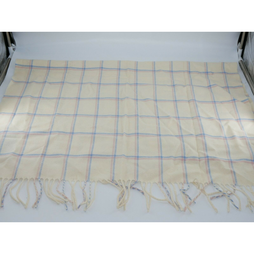 Vintage Wool The White House Plaid Shawl Wrap Scarf Ivory Blue Pink Fringe